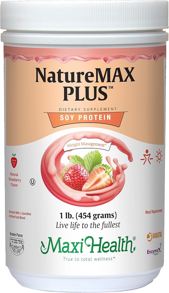 Maxi-Health NatureMAX PlusTM Energy Support Drink Soy Protein Powder - Sugar Free Dietni dodatek - 20g Beljakovine na strežbo - Naravna jagodna aroma - Kosher Vitamin - 1lb