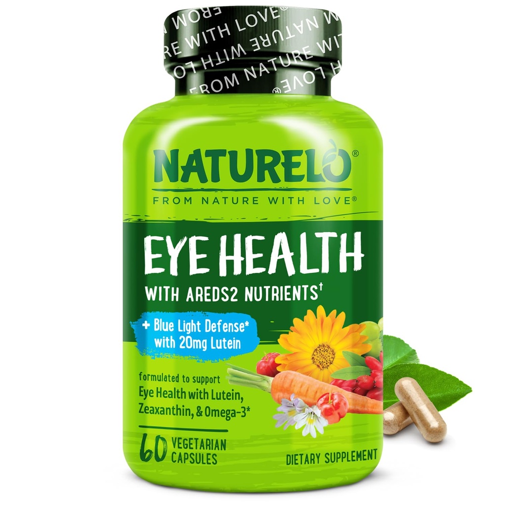NATURELO Eye Vitamini - AREDS 2 Formula Nutrienti z luteinom, Zeaksantinom, vitaminom C, E, cinkom, Plus DHA - dodatek za suhe oči, zdravo vid, podporo za oči - 60 Veganskih kapsul