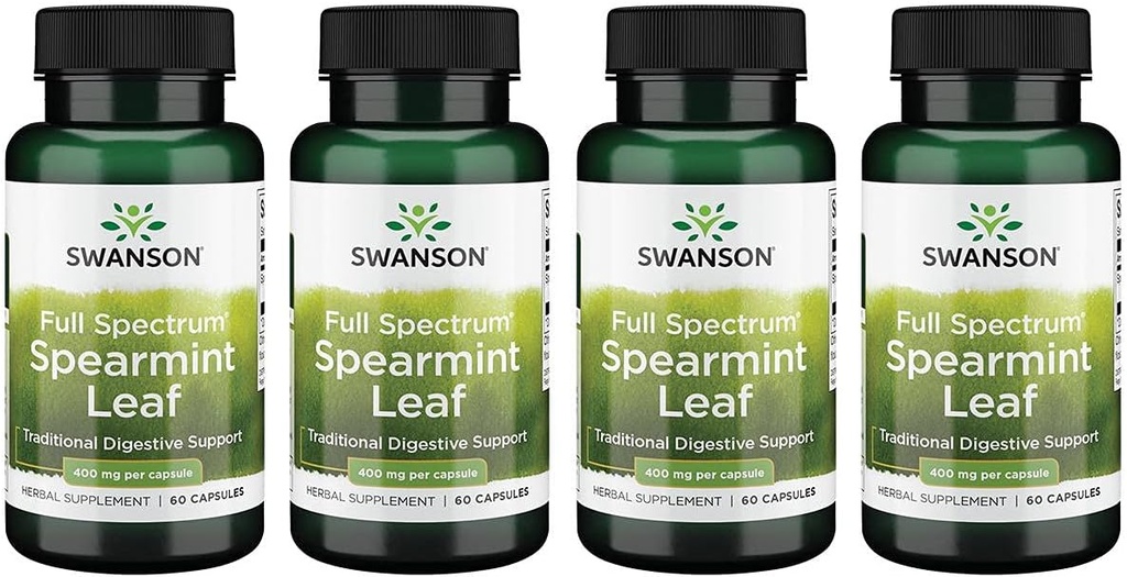 Swanson Spearmint Leaf (Mentha Spicata)-Celoten spekter Zeliščni dodatek podpira prebavni zdravje '&' Blage težave - (60 kapsul, 400mg vsak) 4 pakiranje