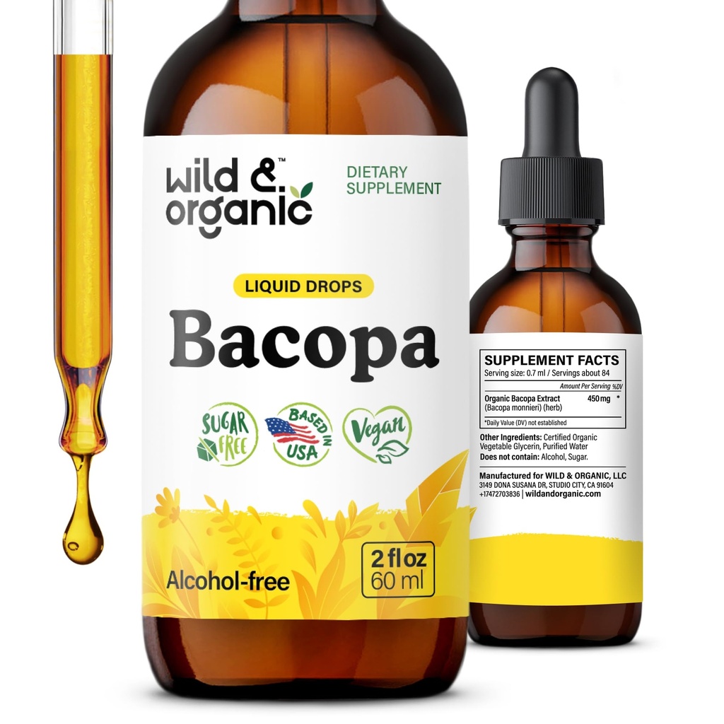 Wild & Organic Bacopa Tincture - Podpira mirno, Fokus, Clariteta - Bacopa Monnieri dodatek tekočine - Brezalkoholne kapljice z Brahmi ekstrakt - Vegan, Sugar-free - 2-mesečni dovod - 2 fl oz