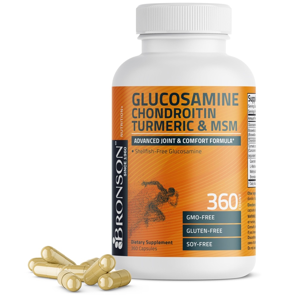 Bronson Glucosamine Chondroitin Turmeric & MSM Advanced Joint & Cartilage Formula, podpira zdrave sklepe, mobilnost in kartilažo - Non-GMO, 360 kapsul