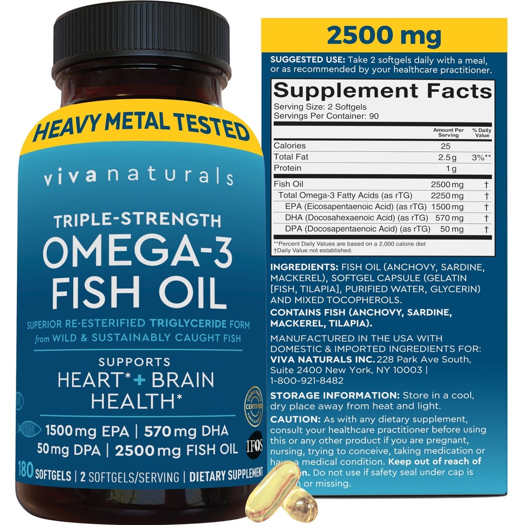 Trojna moč Omega 3 ribje olje dopolnilo za moške in ženske – 2500 mg visoko potenco, Easy-to-Absorb Reesterificiran Triglicerid obrazec, Pescatarian-prijazno DPA EPA DHA Omega 3 dodatek, 180 Softgels
