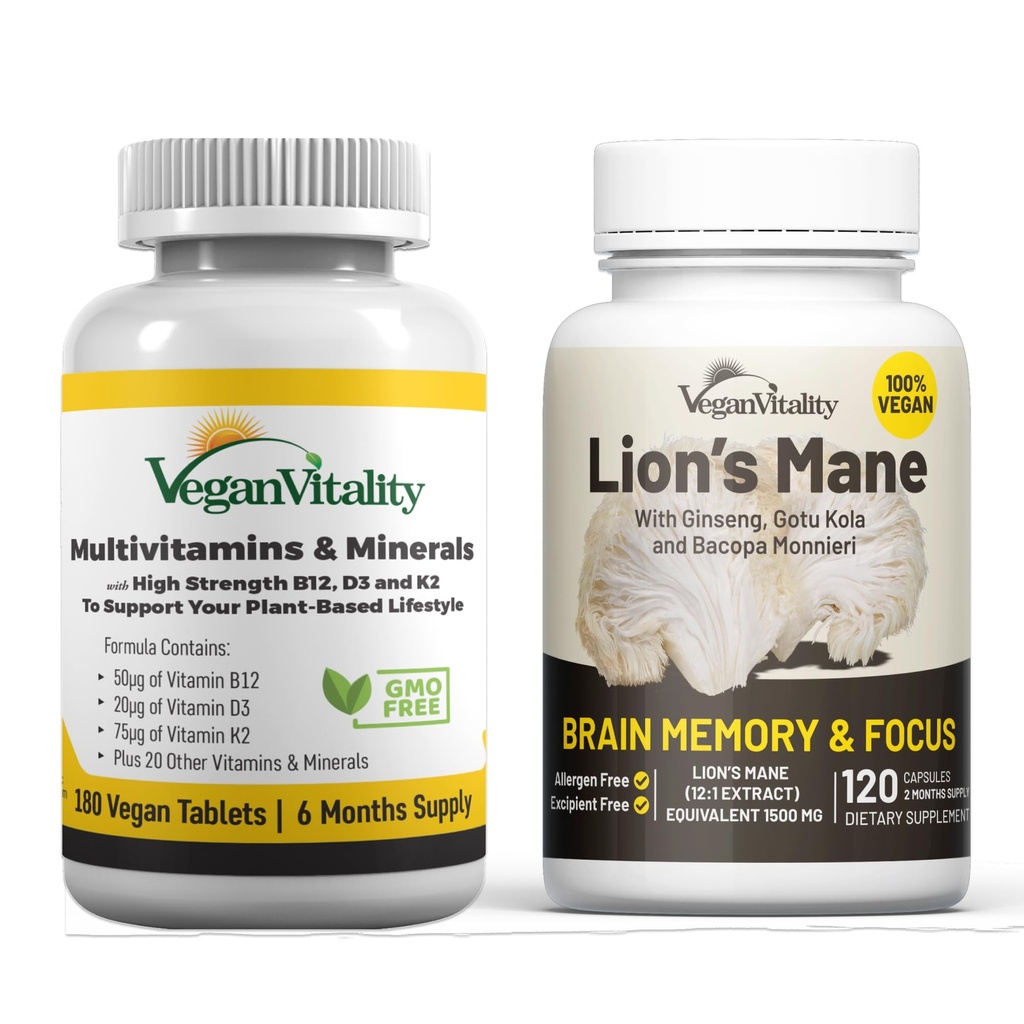 Vegan Vitality Brain Nutrition Bundle - Levi Mane Nootropic kapsule in Vegan multivitamini. Visoka moč rastlin na osnovi dodatkov za spomin in fokus in splošno zdravje za Vegane in vegetarijance