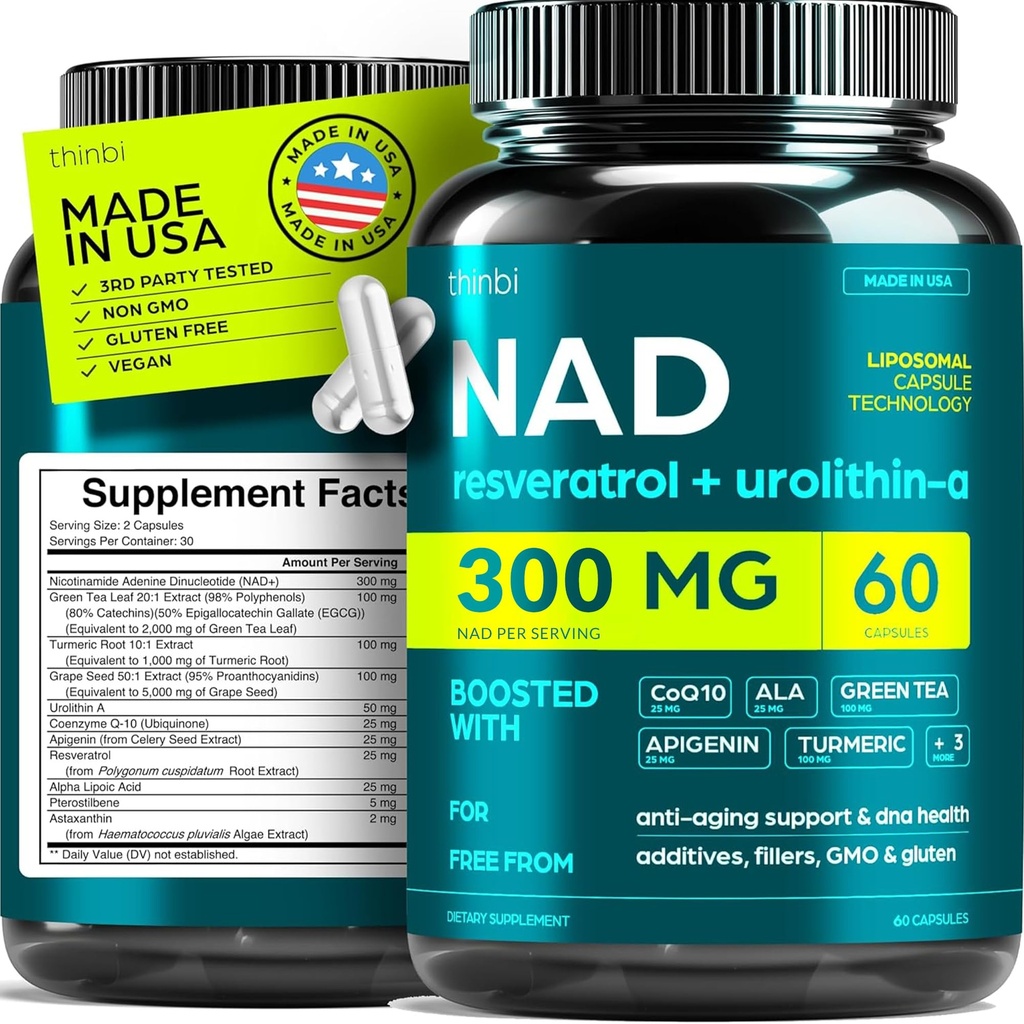 NAD Dodatek 300Mg Dodatna moč NMN Alternativni liposomski + zeleni čaj za ženske in moške w/ urolithin A, Resveratrol, CoQ10, Alfa lipoična kislina