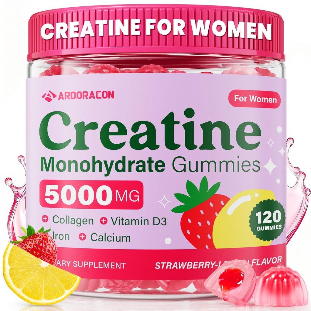 Kreatin za ženske, Kreatin monohidrat Gumiji s kolagenom, vitamin D3 in kalcij za mišice, Booty & Energy, aromatiziran sladkor brez Kreatin Gumies Post & Pred vadbo dopolnila za ženske, 120 Ct