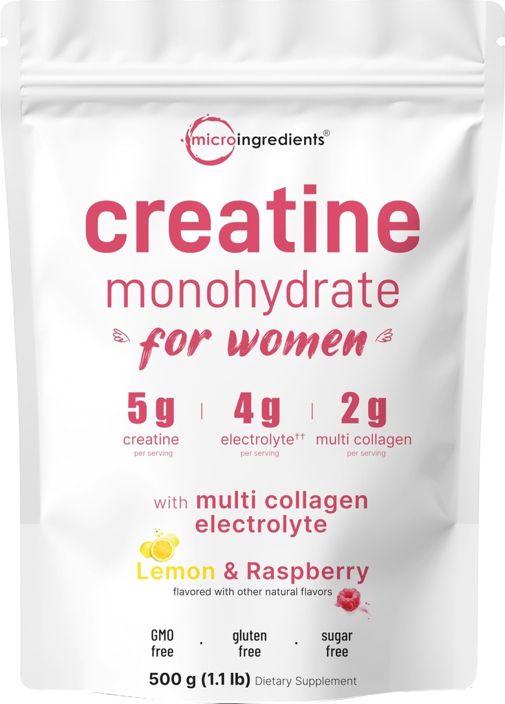 Micro Ingredients Creatine + Electrolytes + Multi Collagen for Women | 5,000mg Micronized Creatine Monohydrate Powder Complex | Creatine Hydration Drink Mix | Lemon Raspberry | Sugar-Free, Non-GMO