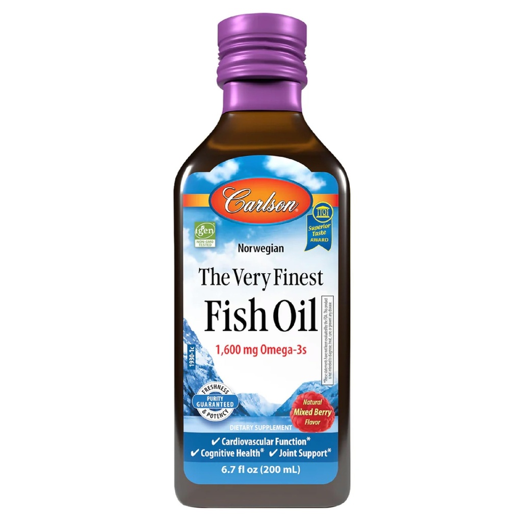 Carlson Najbolj fino ribje olje, 1600 mg Omega-3, mešana jagodičja aroma, 200 ml – tekoče norveško ribje olje, divje in trajno pridobljeno