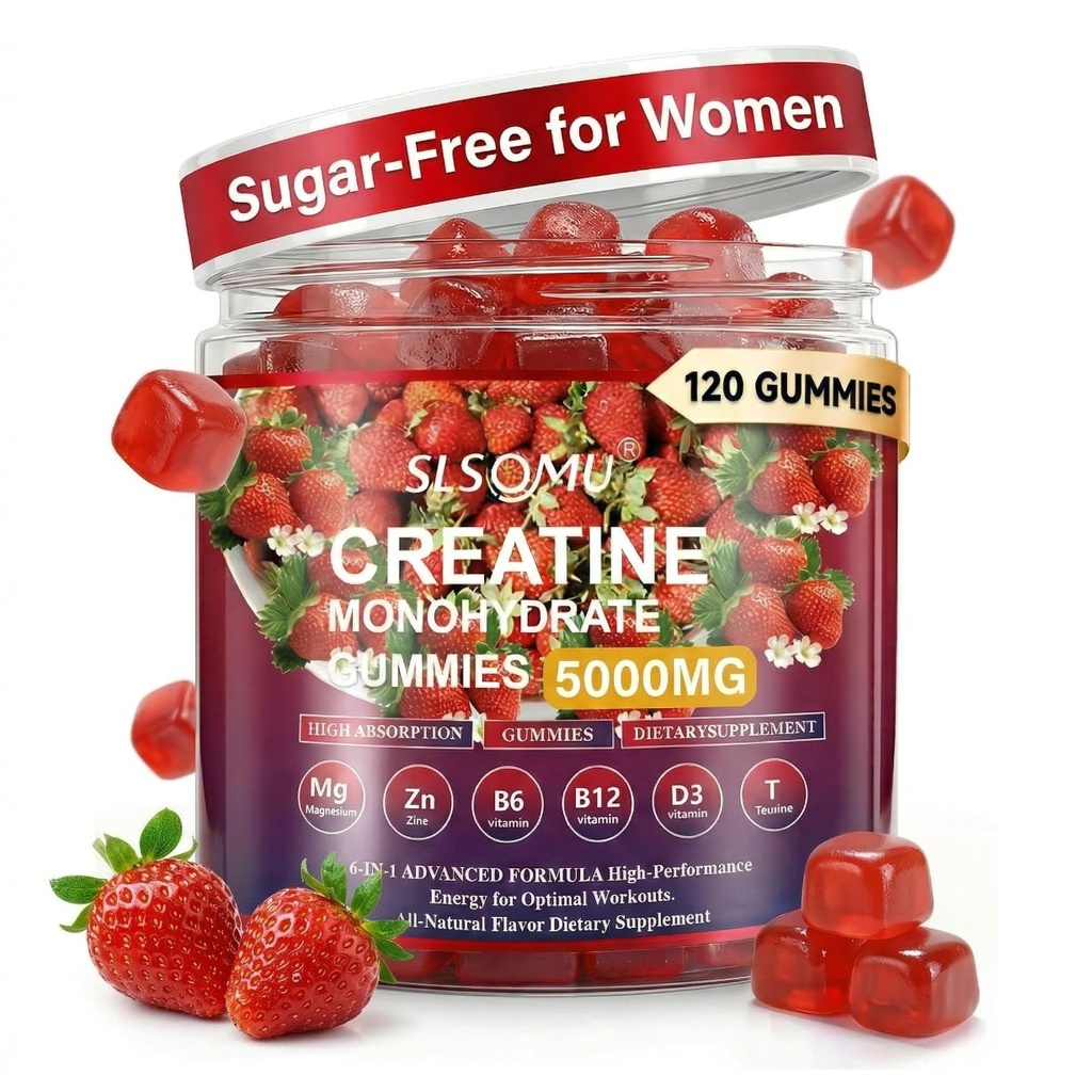 Kreatin Gummies za ženske, 5000mg pred treningom mišična moč in energijska podpora, 0 Sladkor Kreatin Gummy z L-Tavrin, cink, B12 B6, Jagodna aroma, Vegan - 120 Gummies