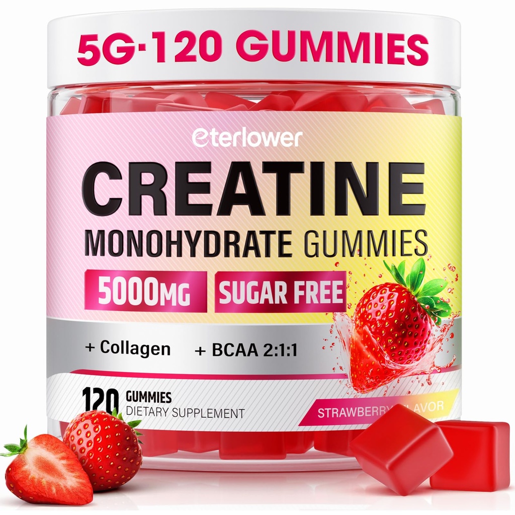 Kreatin monohidrat Gumiji, 5g Kreatin Gumiji za ženske in moške.Pre-workout & Mišična rast Podpora, Vsebuje BCAA, kolagen, sladkor brez, 120 Count