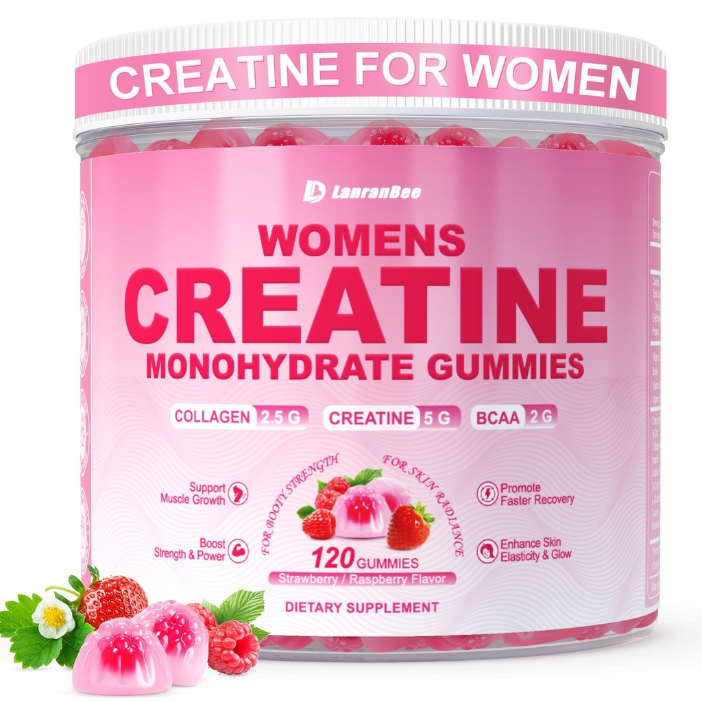 Kreatin za ženske, Kreatin monohidrat Gumiji s kolagenom, BCAA, L-karnitin & tavrin, Jagodna aroma, energijski kreatin dodatek za mišično moč, energijska okrepitev, sladkor brez, 120 Count
