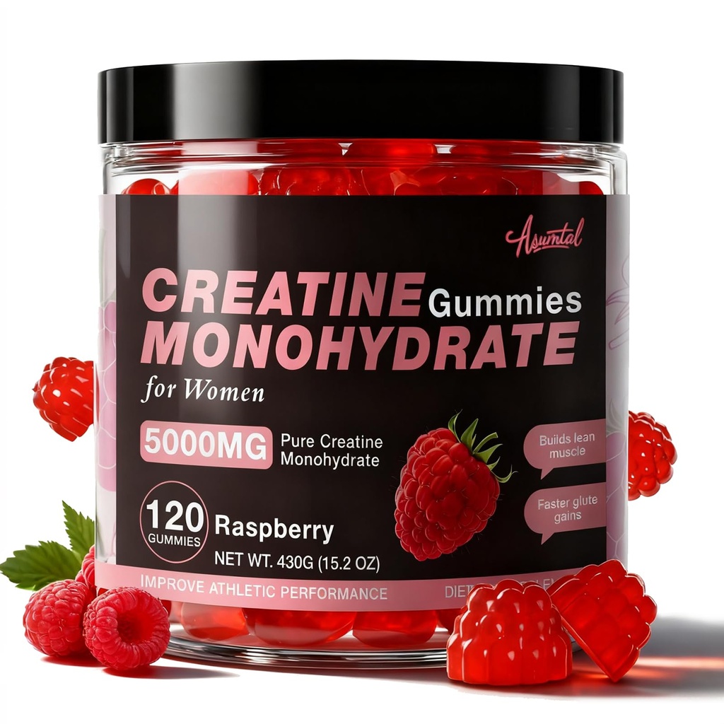 Kreatin za ženske 5000 MG, Kreatin Gumies, Kreatin monohidrat dopolnilo za mišično rast, moč in energijska podpora, sladkor brezplačno pred vadbo Gumies 120 Count malina aroma