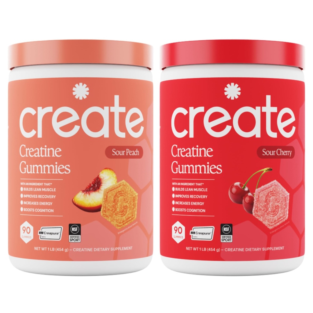 Ustvarite Kreatin monohidrat Gumies - Peach Pump Duo - Sour Peach & Sour Cherry - Kreatin Gumies za ženske in moške, NSF Certified, 3. stranka Tested, Anti-Melting Formula, 180 Count (2-Pack)