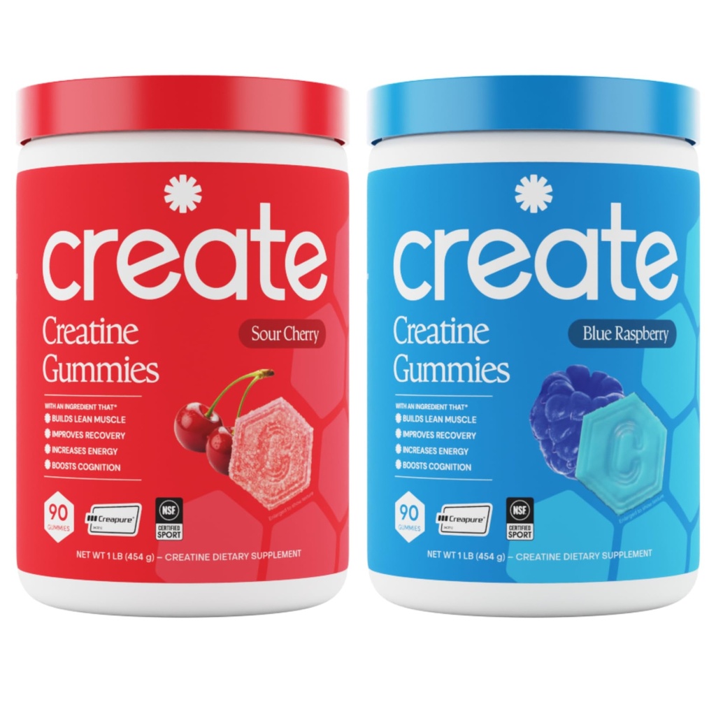 Ustvarite Kreatin monohidrat Gumies - Rocket Pop Duo - Modra malina & Sour Cherry - Kreatin Gumies za ženske & moške, NSF Certified, 3. stranka Tested, Anti-Melting Formula, 180 Count (2-Pack)