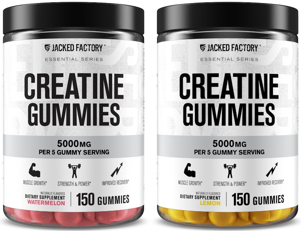 Jacked Factory Kreatin Monohidrat Gumies 5g Dnevni odmerek (1g na Gummy) - Kreatin Gummy za moške in ženske, Vegan-prijateljski, Potovanja-prijateljski, tretje-party Tested - 150 Gummies, Watermelon & Lemon