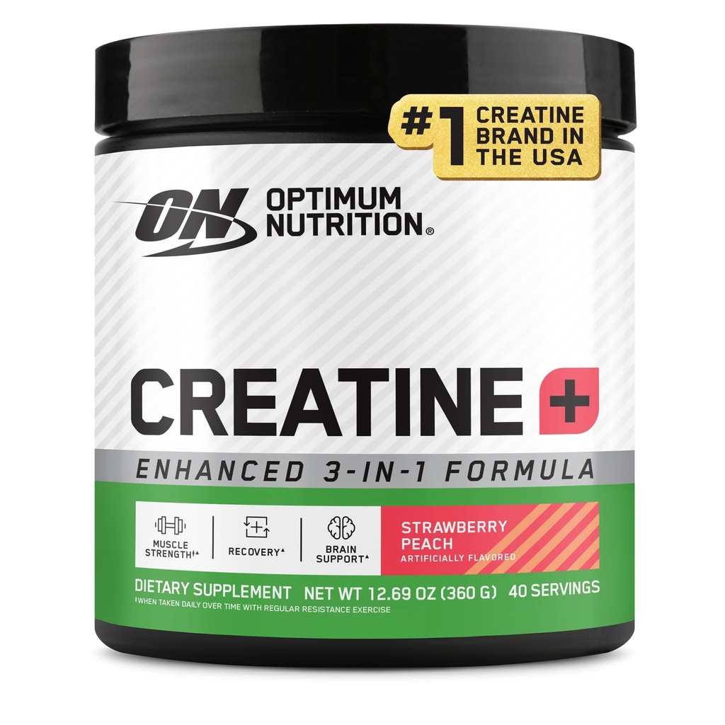 Optimum Nutrition Kreatin Monohidrat Plus prašek, Jagoda Peach Arowed Creatine Performance Mešanica, z elektroliti za hidracijo, Dodani vitamini, 40 Serving, 360 Gram (Packaging May Vary)