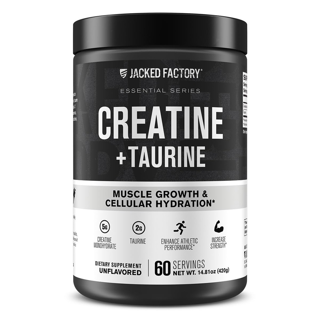 Jacked Factory Kreatin + Taurin - Kreatin Monohidrat 5000mg s Taurin 2000mg za povečano mišično moč in celično hidracijo - 60 Serving, Nearomated