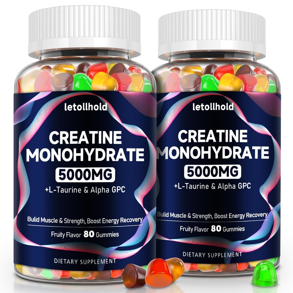 Kreatin Monohidrat Gumiji 5g za ženske in moške - Kreatin Gumiji za ženske Pre-workout Žvečilni z L-Taurine & Alpha GPC, Sugar-free Muscle Builder, Energy Boost, Vegan Non-GMO (160 Count)