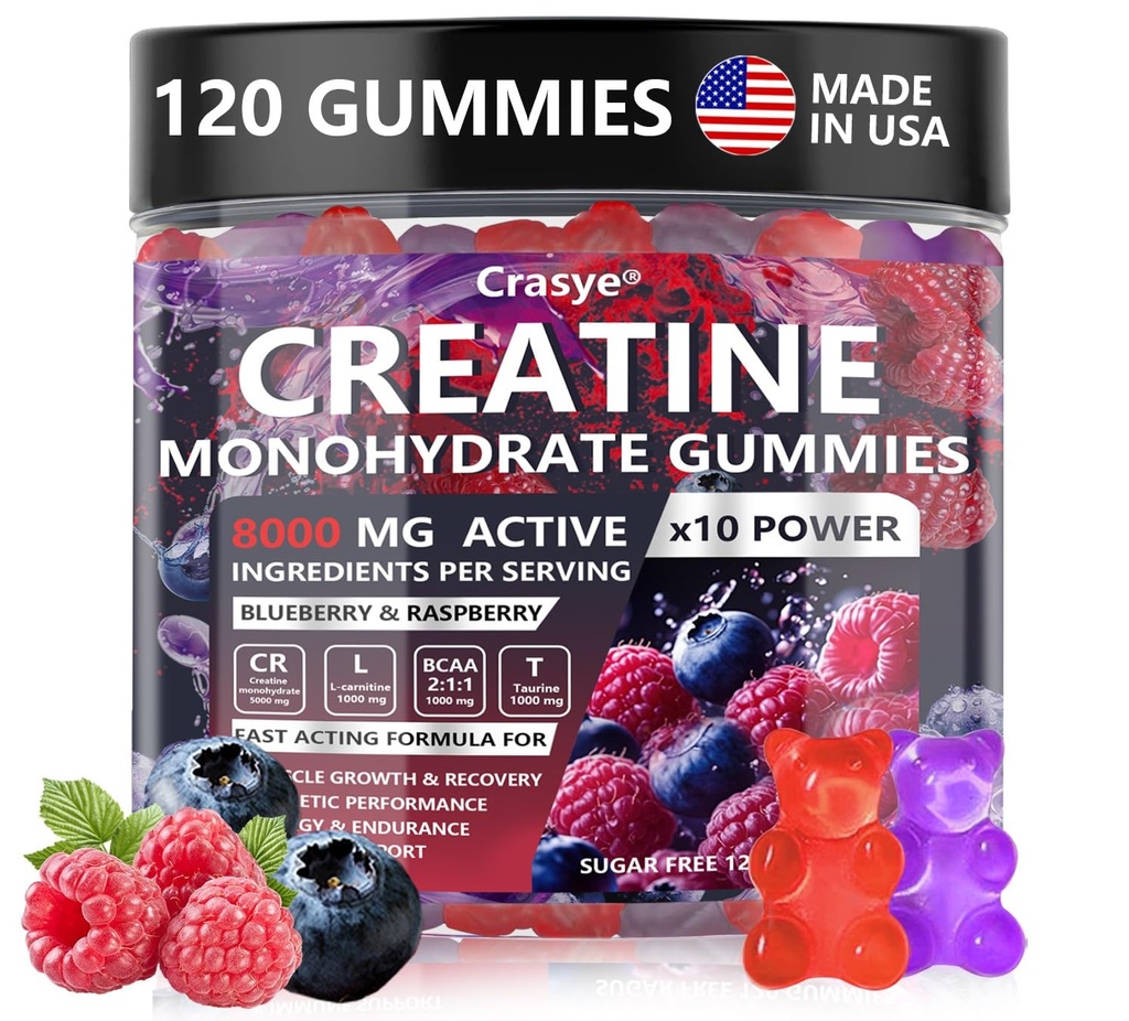 Kreatin Monohidrat Gumies Complex 8000 MG za moške, Kreatin Gummy s Taurin BCAA za energetsko podporo in mišično moč, Sugar Free Pre-Workout dodatek