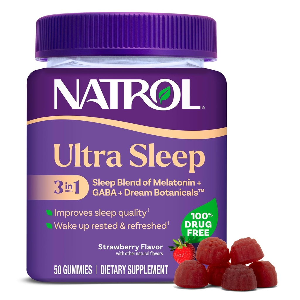 Natrol Ultra Sleep 3-in-1 100% mešanica brez zdravil za pomoč pri spanju z melatoninom, GABA & Botaniki, prehranska dopolnila, nenavadna oblika, 50 žvečilnih gumijev