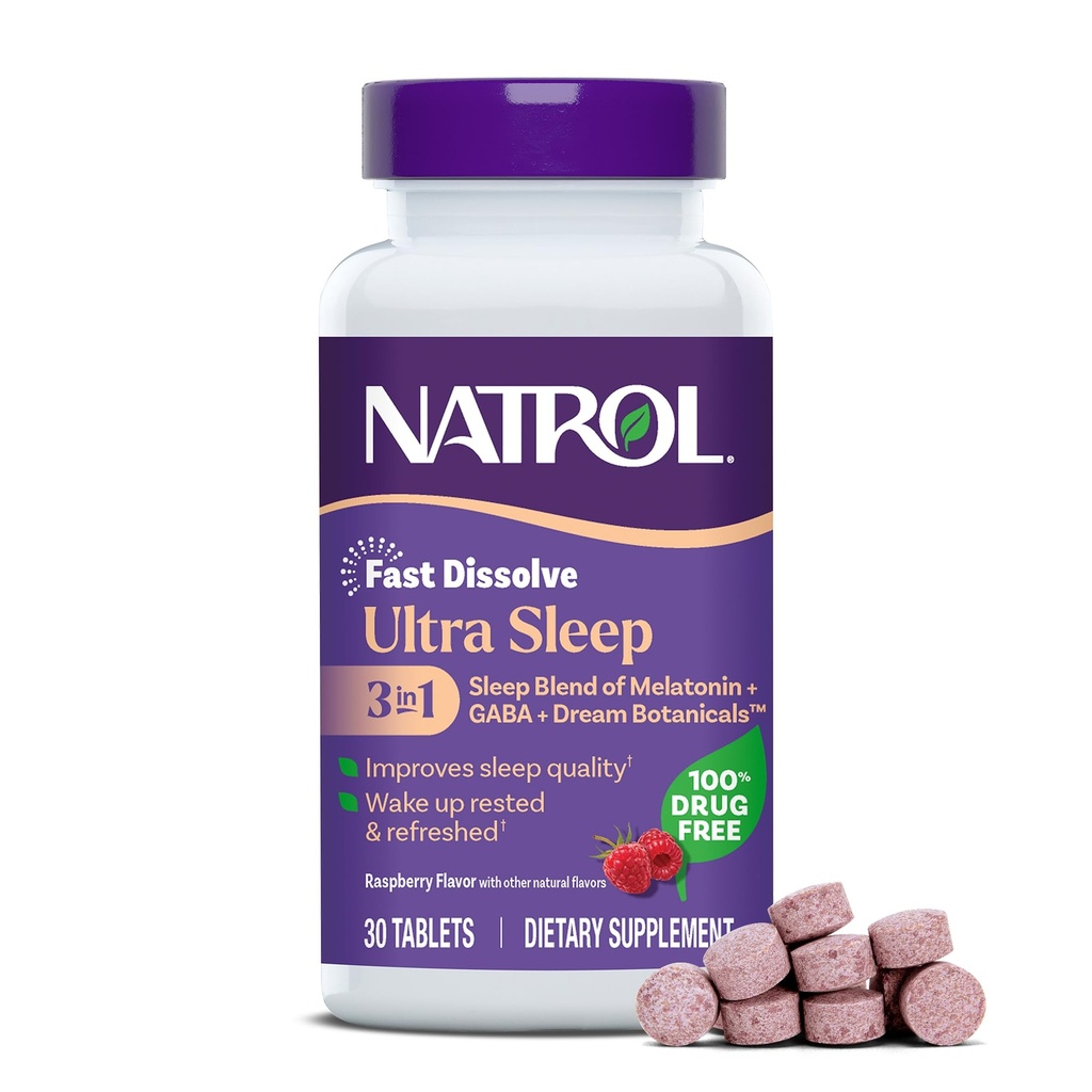 Natrol Ultra Sleep 3-in-1 100% mešanica brez zdravil za spanje z melatoninom, GABA & Botanicals, prehranska dopolnila, nenavadna oblika, 30 hitrih raztopitev tablet