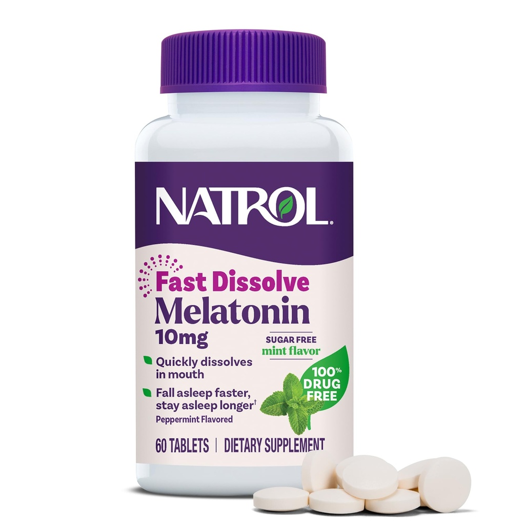 Natrol Melatonin 10mg hitre tablete za raztapljanje - aroma pepermint, 60 število, podpora za spanje, hitro raztapljanje melatonina za odrasle, 60-dnevna oskrba