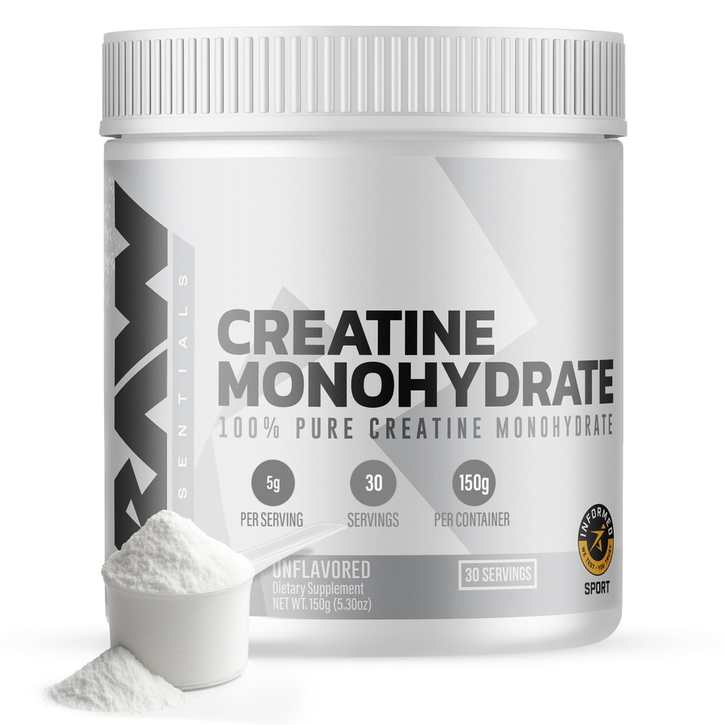 RAW Nutrition Kreatin monohidrat v prahu, nearomatiziran (30 serviranja) - Mikroniziran kreatin monohidrat dopolnilo za vadbo, izgradnjo mišic in moči - Kreatin v prahu za moške in ženske