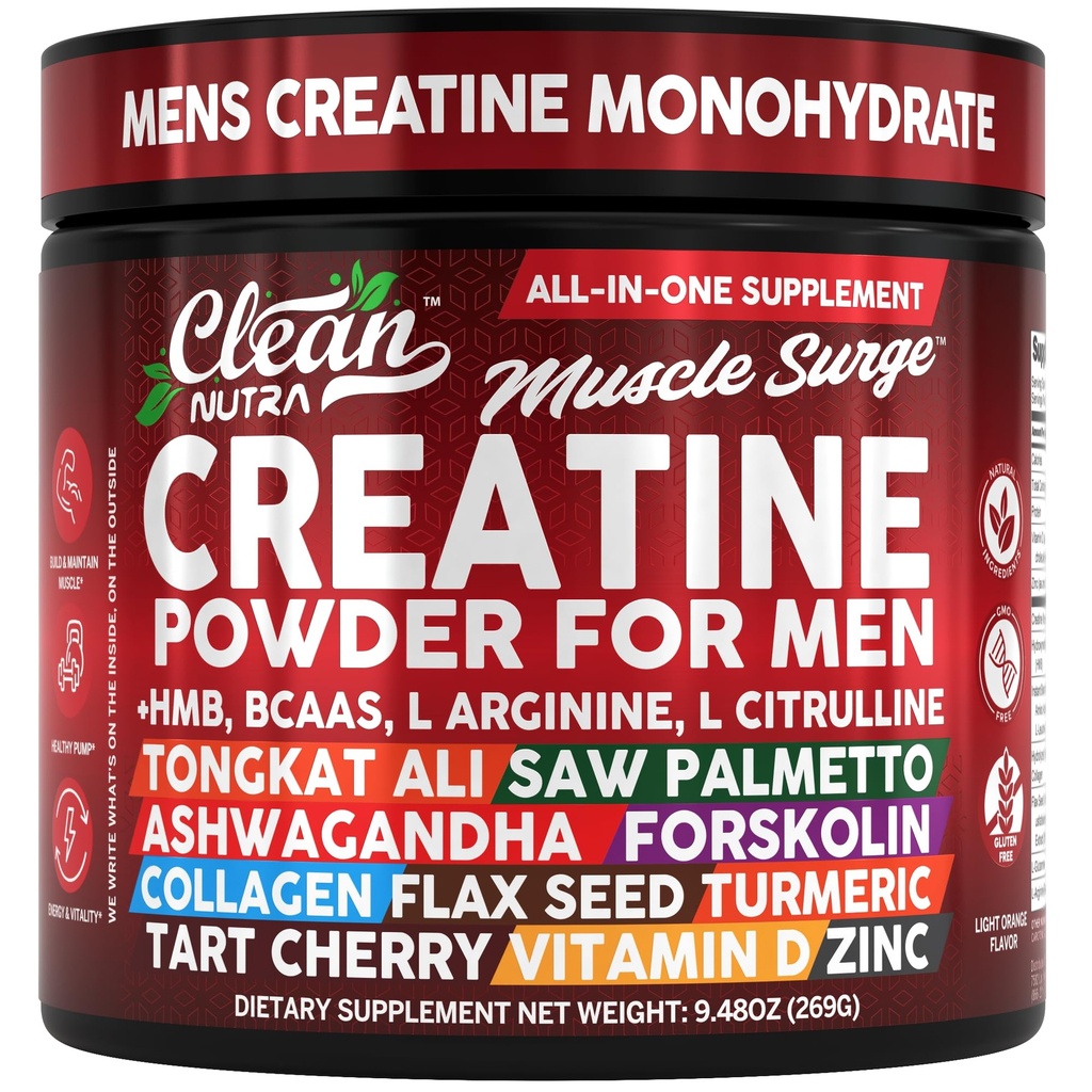 Clean Nutra Creatine Prašek za moške + HMB BCAA L Arginin L Citrulin Tongkat Ali Saw Palmetto Ashwagandha Kolagen Flax Semena Turmeric Preworkout Stevia dušikov oksid L Glutamin Aminokisline