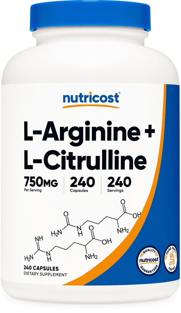 Nutricost L-arginin L-citrulin kompleks 750 mg, 240 kapsul - ne- GMO