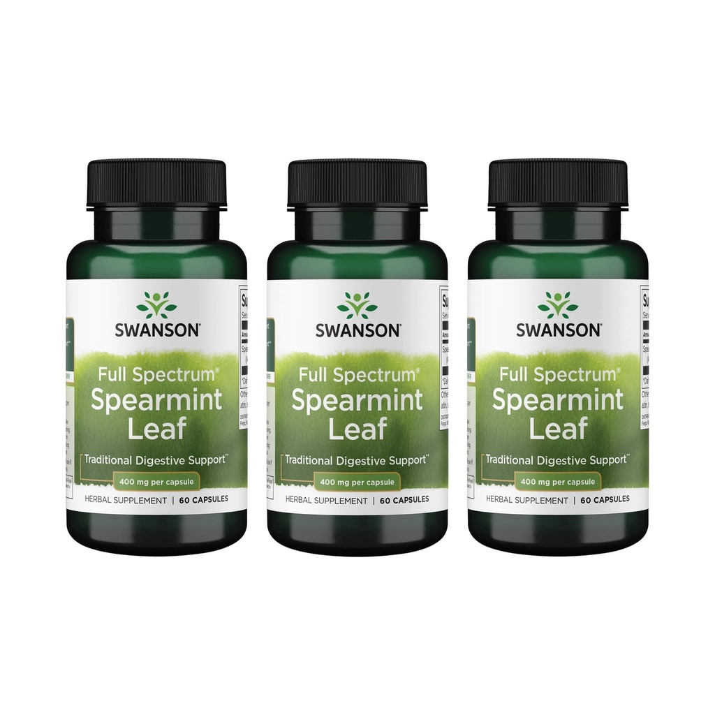 Swanson Spearmint Leaf (Mentha Spicata)-Full Spectrum Zeliščni dodatek, ki podpira prebavno zdravje in blage težave - (60 kapsul, 400mg vsak) 3 pakiranje