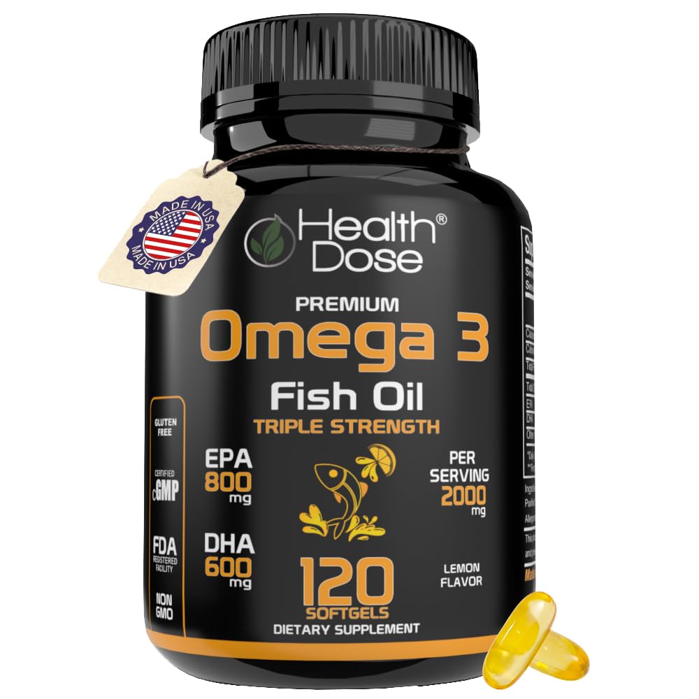 Health Dose Omega 3 ribje olje 2000mg – Lemon-Flavored Softgels z EPA 800mg & DHA 600mg za Brain, Srce, in Wellness Podpora – Enostavno-za-prebavni, Brez rib Burps – 120 Softgels, 2-mesečni dobave