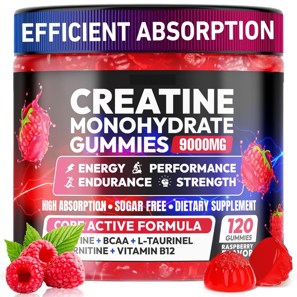 Kreatin Gumijev monohidrat Kompleks 9000MG, Predworkout za moške in ženske, Kreatin Gummy z L-Taurin, BCAA 2:1, B12/6 za podporo mišic, Izboljšati moč, Energy Boost-120 Count
