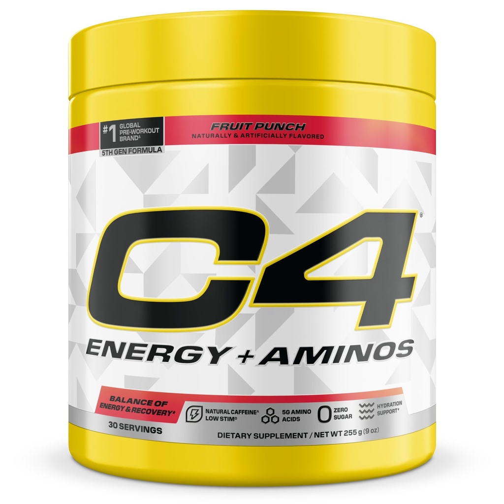 C4 Energija + Aminos Powder, 5g BCAA in EAA za obnovo mišic, 3 Elektroliti za hidracijo, 100mg naravni kofein, Pred vadbo, nič sladkorja, 30 Serving, sadni punch