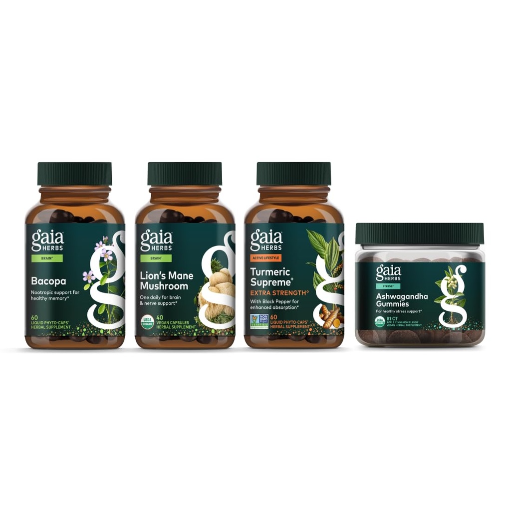 Gaia Herbs Focus Kit - Bacopa, levja grivasta goba, Ashwagandha Gummies, Turmeric vrhovna ekstra moč