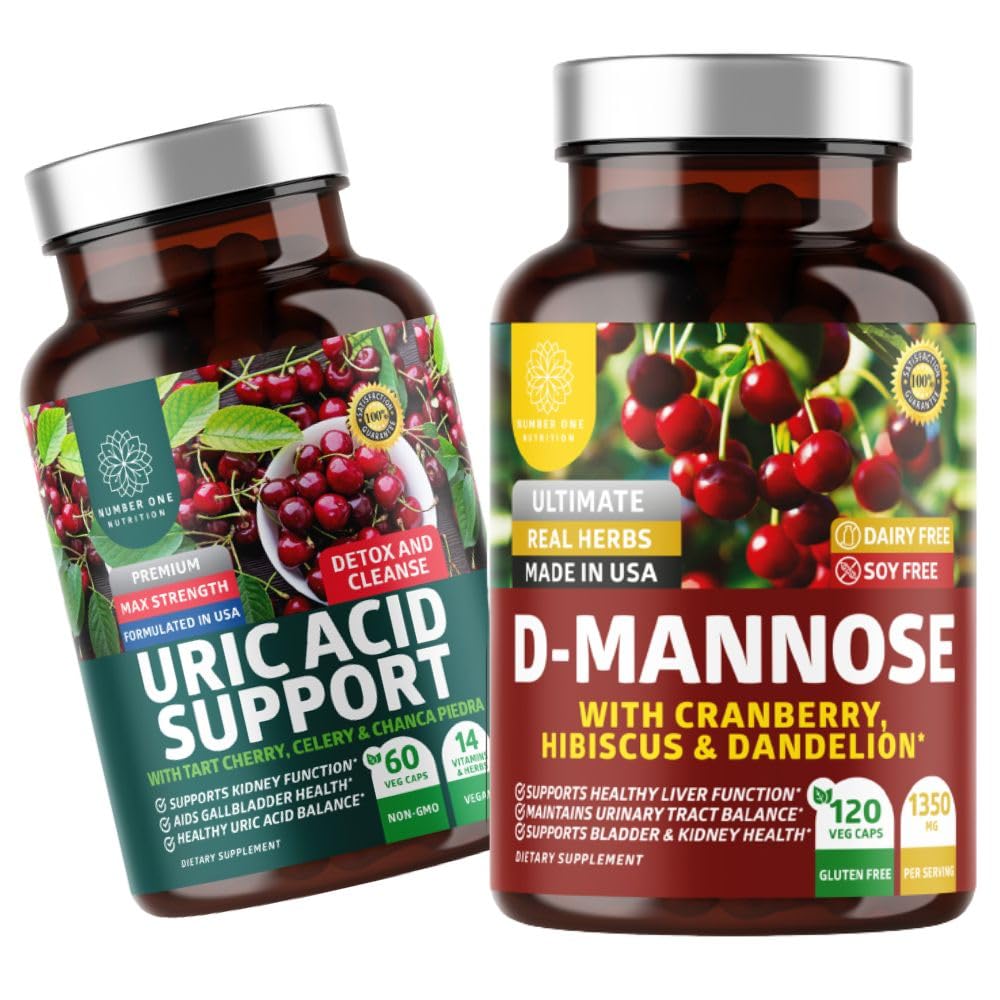 Številka One Nutrition N1N Premium D-mannoza z brusnico in hibiscusom [1350mg], 120 Kapsule in sečna kislina s 14 Močnimi zelišči, 60 kapsulami, 2 paketa