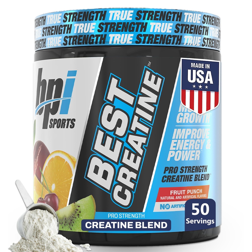 BPI Sports Best Creatine - Kreatin monohidrat v prahu za moške in ženske, himalajska sol - moč, pump, vzdržljivost, rast mišic, opredelitev mišic - No Bloat – Fruit Punch – 50 porcij – 10.58 oz
