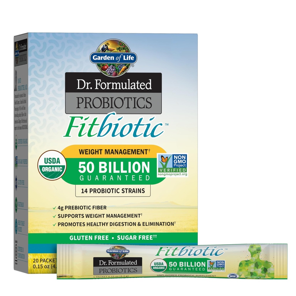 Vrt življenja Dr. Oblikovani probiotiki Fitobiotično upravljanje teže v prahu, 50 milijard CFU & Prebiotic Fiber, Organic & Non-GMO Prebavni Gut Health Probiotic dodatek, 20 Serving paketi