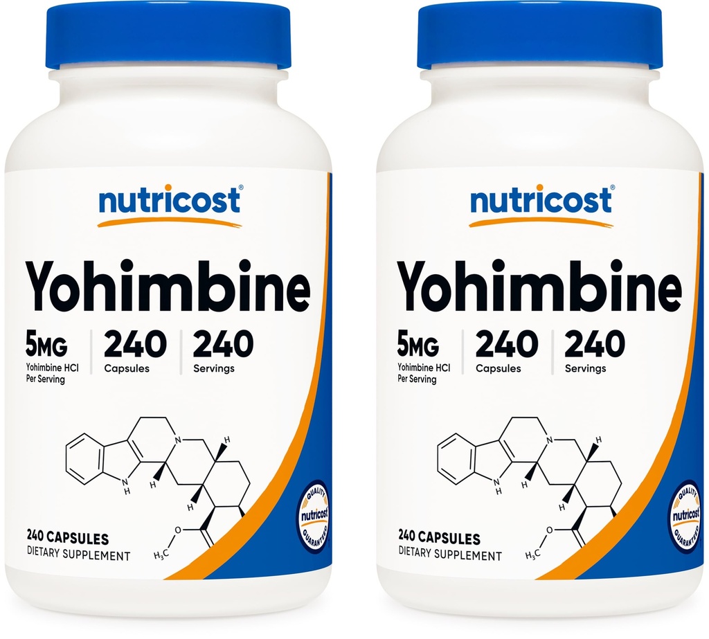 Nutricost Yohimbine HCl 5 mg, 240 kapsul (2 steklenici) - dodatna jakost - brez glutena in brez glutena