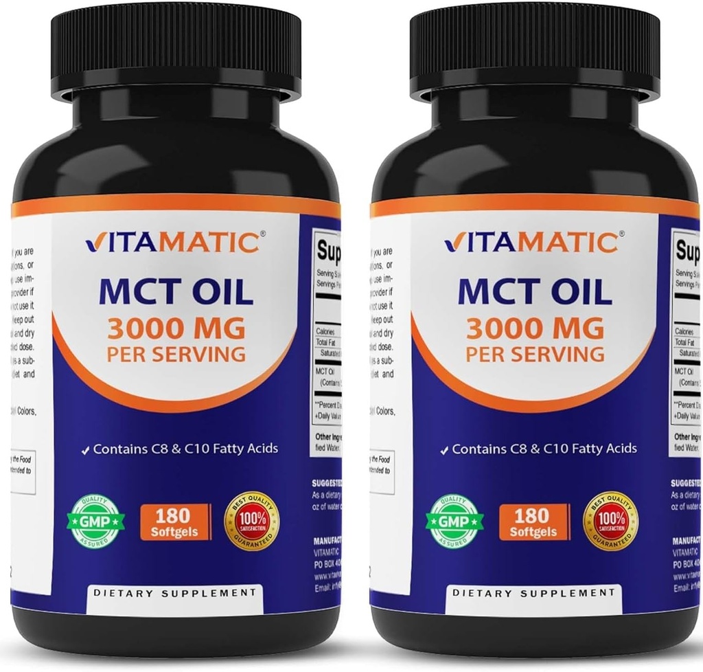 Vitamatska 2 pakiranja MCT Oil kapsule 3000 mg na serviranje - 180 softgels - iz kokosovega olja - vsebuje 55% kaprilne kisline C8 in 40% kapric kisline C10 (skupaj 360 softgel)