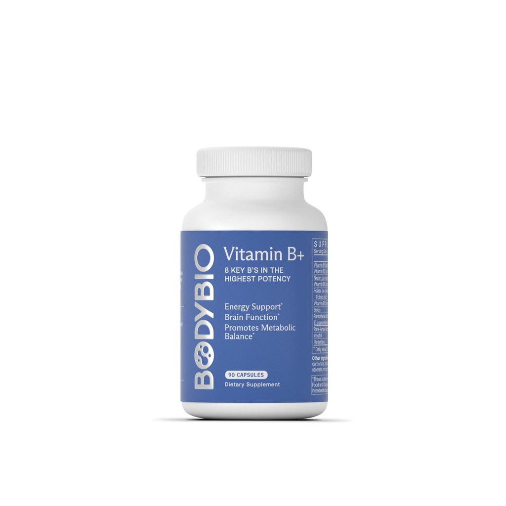 BodyBio - Kompleks vitamina B, vključno z B1, B2, B3, B5, B6, metil B12, folinsko kislino, 5- MTFF in B7 za podporo budnosti, presnove in imunskega sistema, 90 kapsul