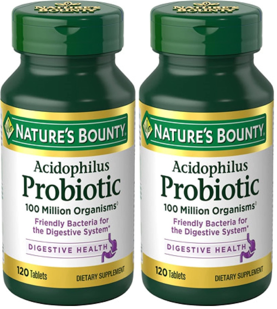 Bounty Lactobacillus Acidofilus Probiotic Supplement - Dnevni probiotik za ženske/moške Prebavno zdravje,100 Milijoni organizmov, Vegetarijanec,1 Služi na dan,120 Tablete,(Pack z 2)