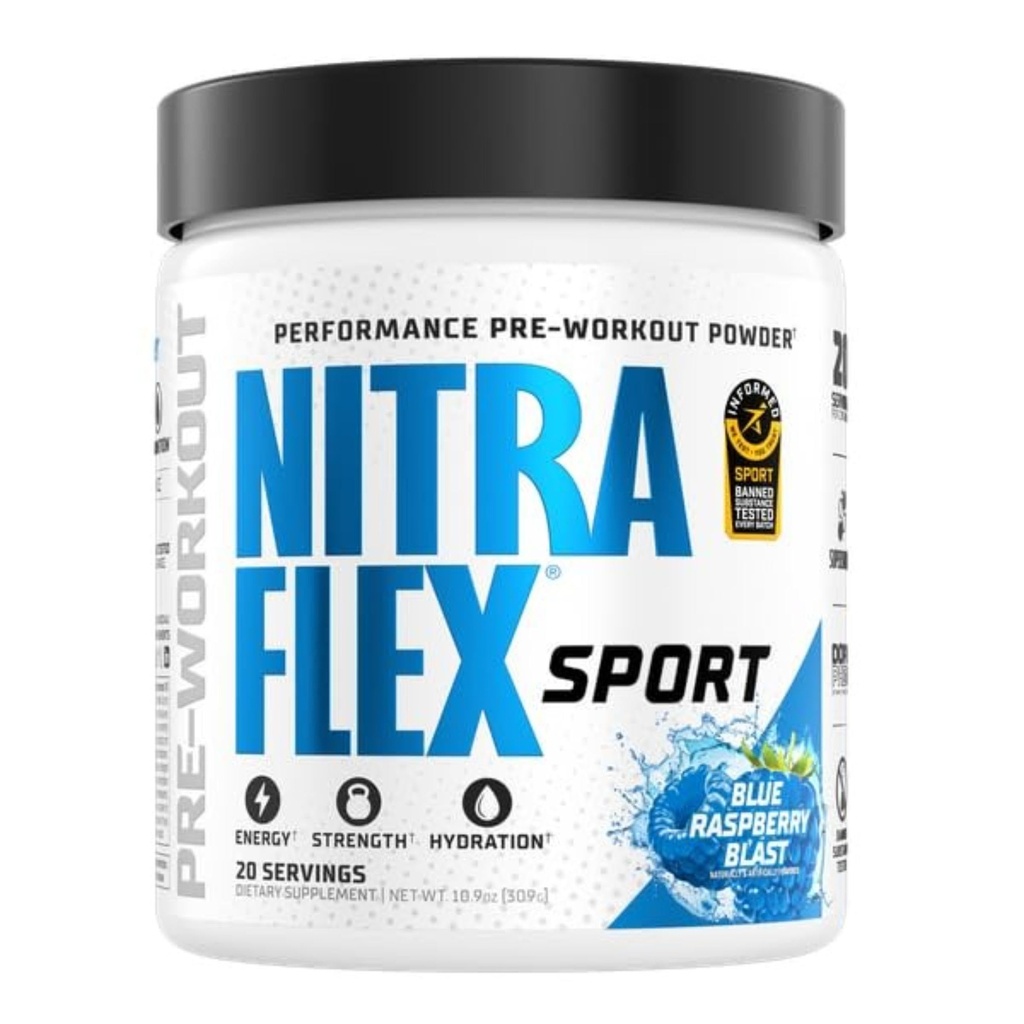 Nitraflex Sport Blue Raspberry Pred-workout Powder, Prepovedana snov prost, Informed Choice Certified, Hidracija, Citrulin, Beta-Alanin, Betaine, 20 Serving