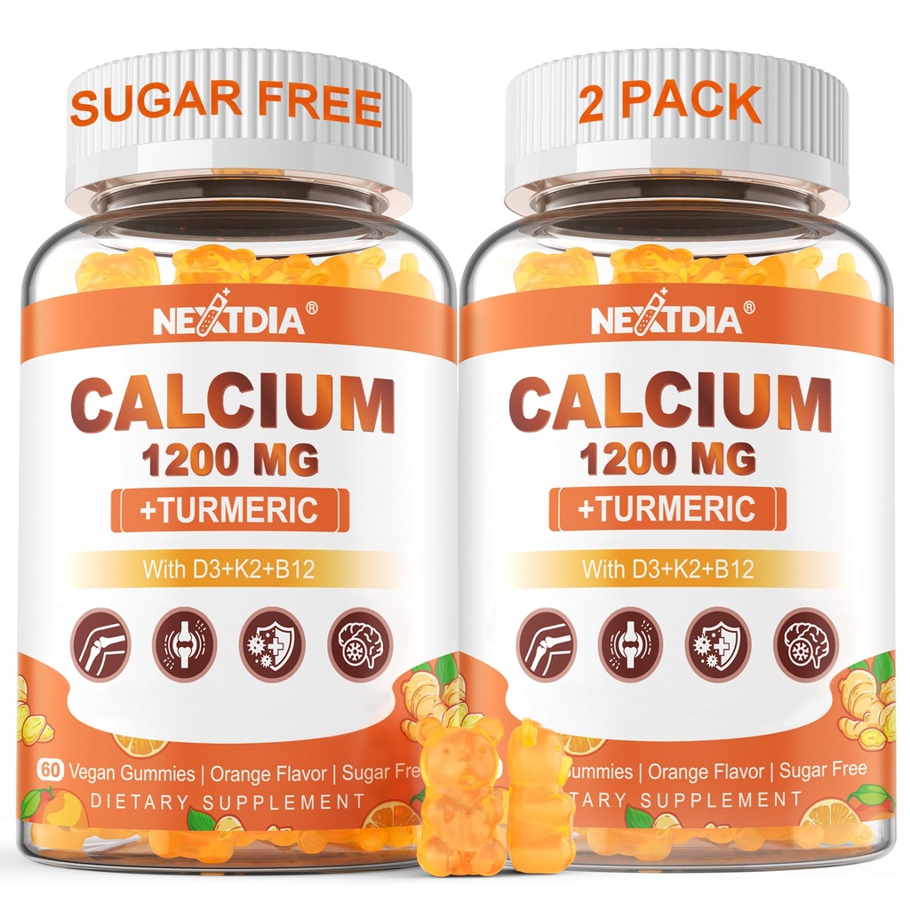 Kalcij 1200 mg z vitaminom D3 Gumiji - kalcij + kurkuma dodatek za ženske in moške z vitaminom K2 B12 - podpora kosti in mišic - sladkor brez - vegansko (120 Count)