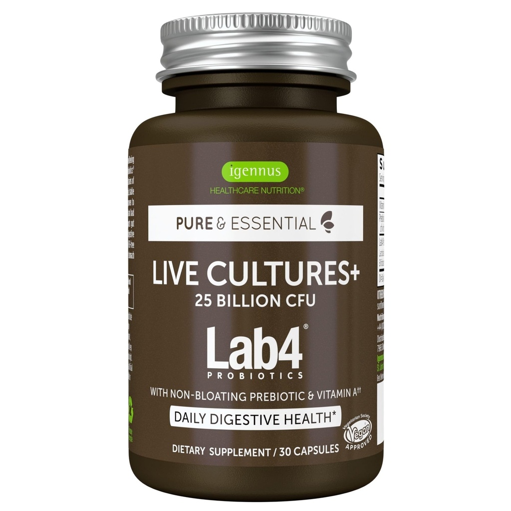 Igennus Probiotics & Prebiotic 2 v 1, Lactobacillus Acidophilus & Bifidobacterium, Gut Health Support, Live Cultures+ Lab4, Zajamčena 25 milijard CFU, ženske in moški, Ne-Bloating, Non-GMO, 30 kapsul