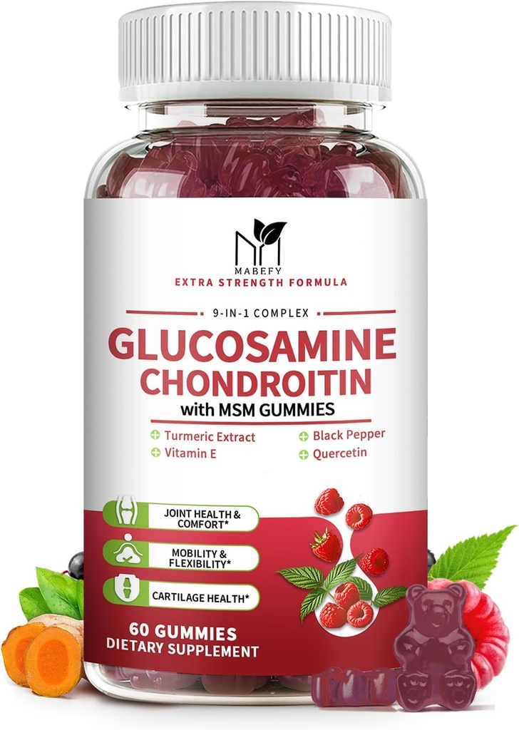 Glukozamin Chondroitin Gumies Trojna moč (1.000mg glukozamin,750mg Chondroitin) z MSM, Kurkurja, Quercetin, Vitamin E, Skupna podpora dodatek, Antioksidant 60 Gumies Raspberry aroma