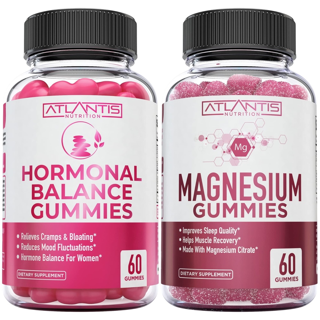 Hormonsko ravnovesje & Magnezij Gumiji za mišične krče, PMS Gumiji Aleviate Bloating & Mood Swings, Magnezij pomaga preprečiti Cramps & spodbuja okrevanje mišic - 60 Vegan Gumies na steklenico