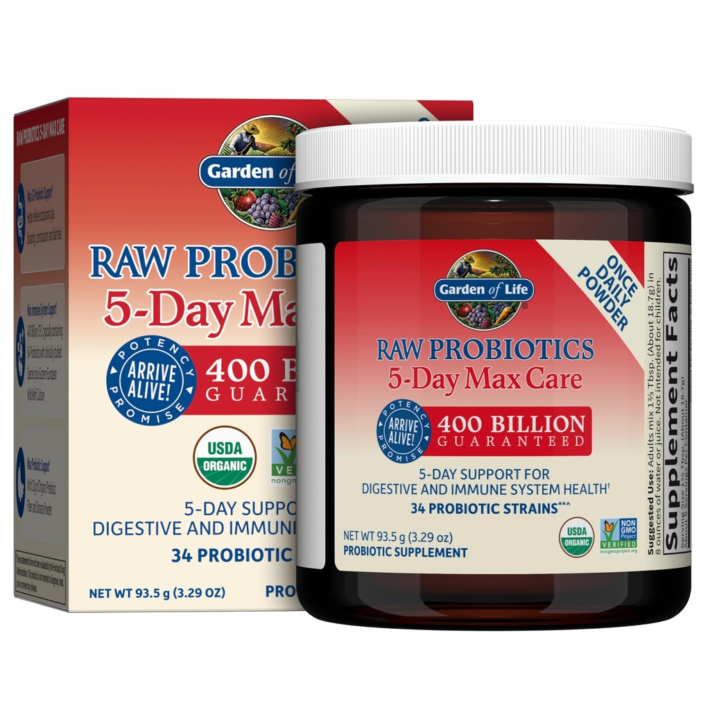 Vrt življenja Raw Probiotics 5-Day Max Care - 400 milijard CFU - Probiotik prašek za digestivno in imuno podporo - Banana, 5 Serving