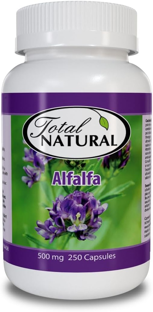 Naravni Alfalfa dodatek 500mg 250 Kapsule [1 steklenice], bogata z vitamini in sledmi mineralov, spodbuja energijo in vitalnost, spodbuja prebavno zdravje