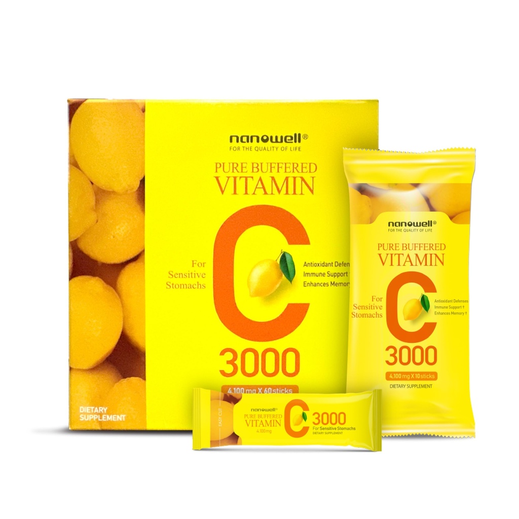 NANOWELL Pure Buffered Vitamin C 3000 mg na obrok, prehranska dopolnila za imuno podporo - 60 palic x 1 škatla, 2 meseca dobave (60 števk)