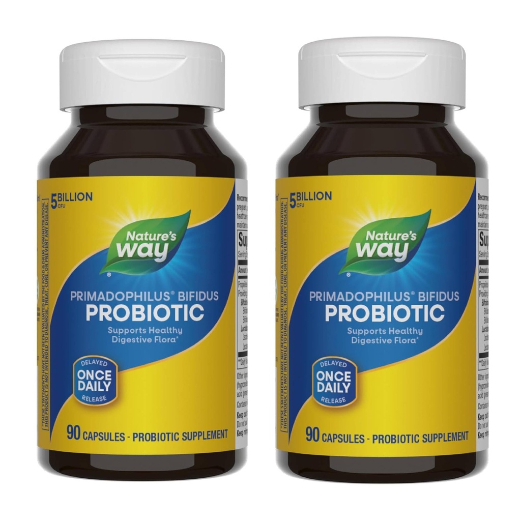 Naravna pot Primadophilus Bifidus Probiotik, Podpira Prebavne Flore*, 5 milijard živih probiotičnih kultur na kapsulo, Lactobacilli, Bifidobacteria, 90 kapsul (Packaging May Vary) - 2 pakiranji