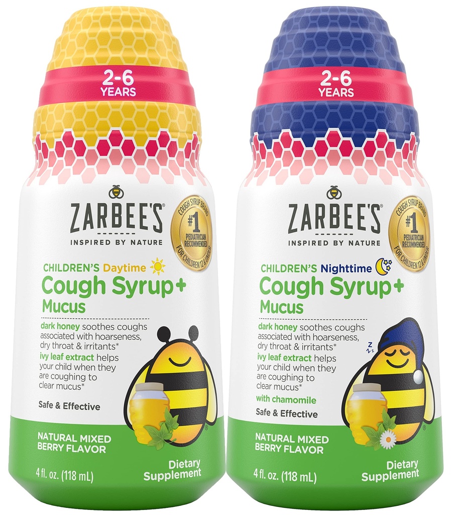 Zarbejev otroški kašelj + sluz Daytime in Night Time za otroke 2-6 s temnim medom, Ivy Leaf, Cinc & Elderberry, 1 Pediatric Priporočeno, Drug & Alkohol-free, Mešana Berry Flavor, 4FL Oz
